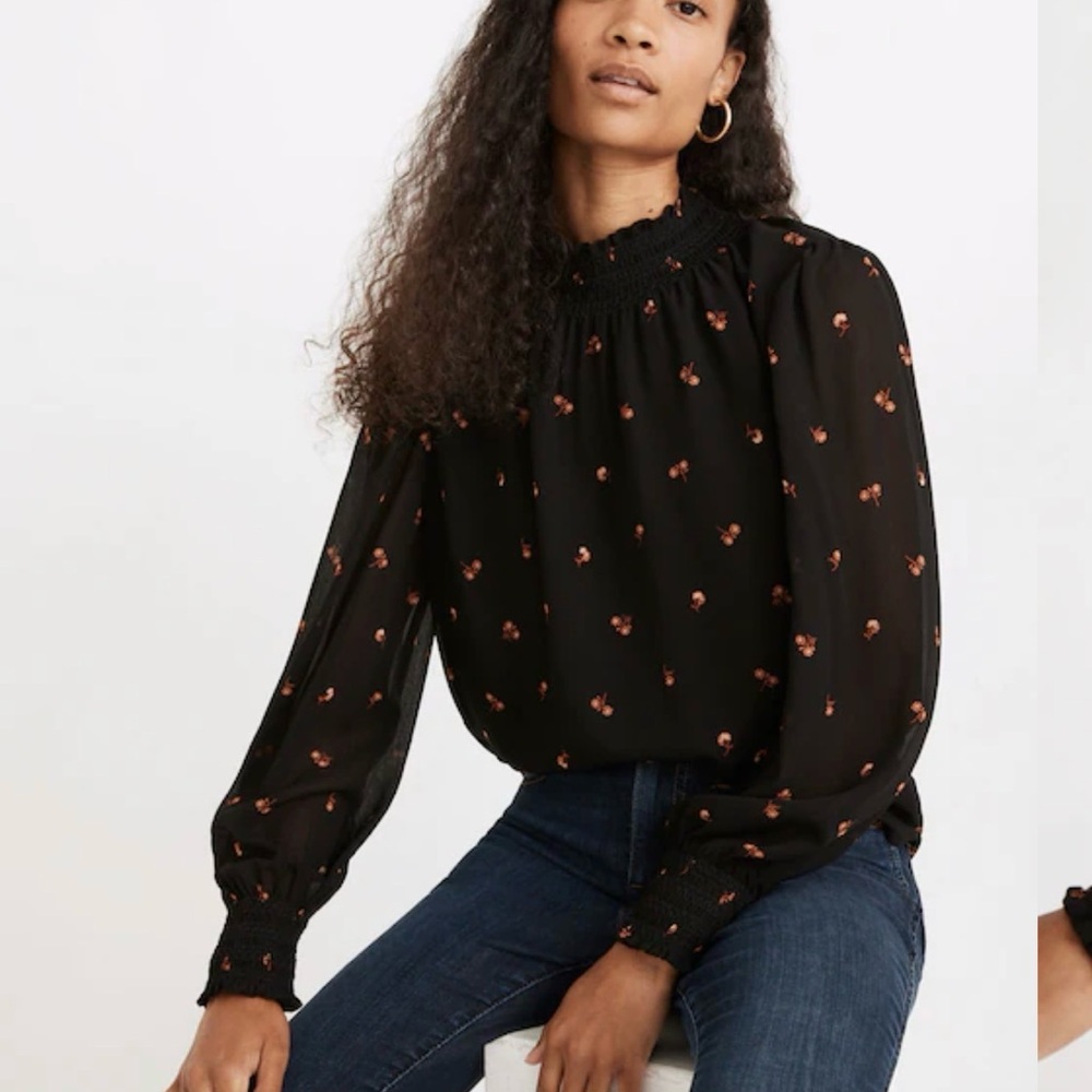Madewell Black Blouse Floral Pattern Size XXS Romantic Coquette